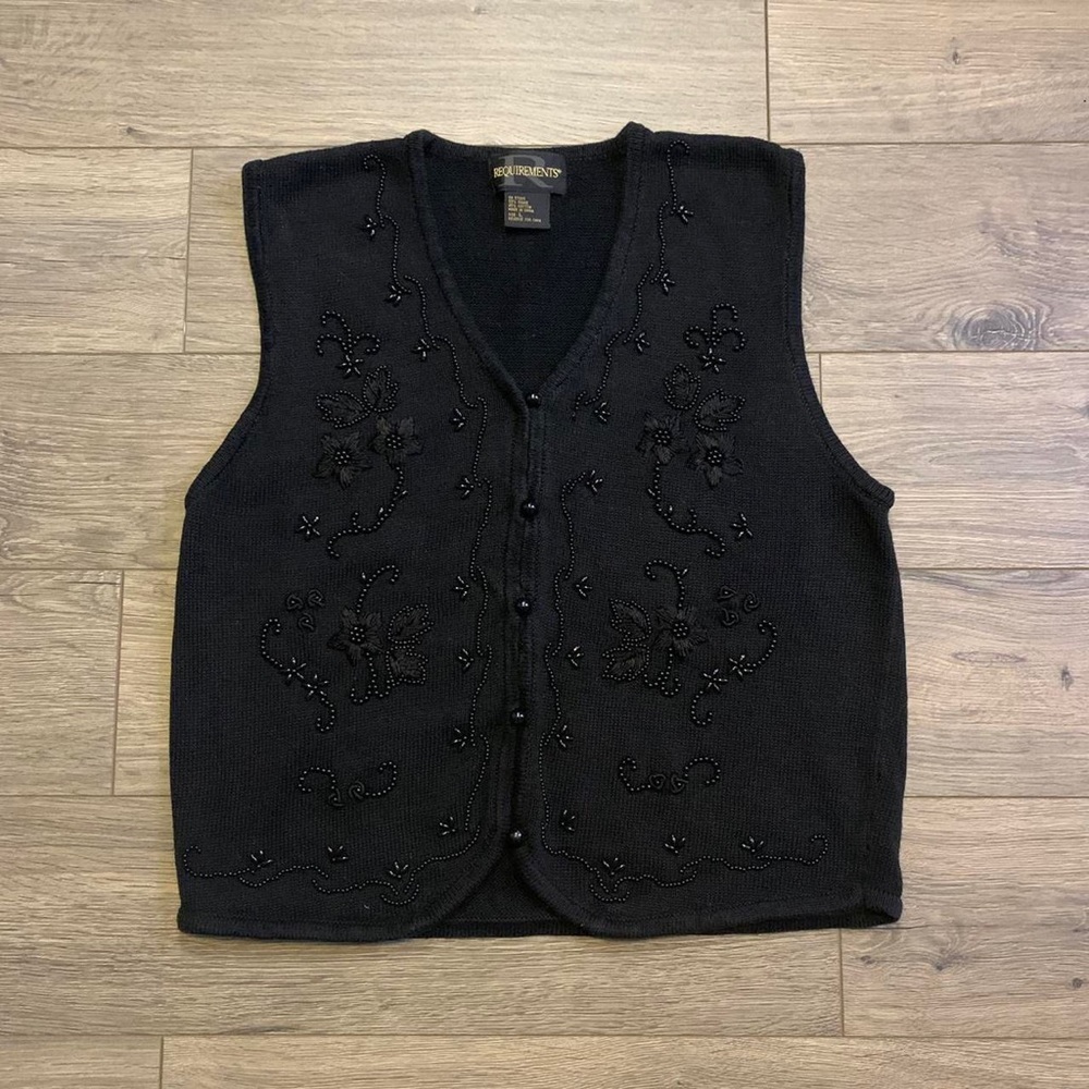 Vintage Requirements Black Large Sweater Vest With Embroidery And Bead Accents